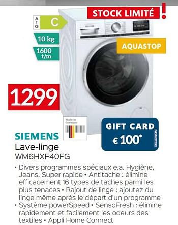 Promotions Siemens lave-linge wm6hxf40fg - Siemens - Valide de 03/12/2021 à 31/12/2021 chez Selexion