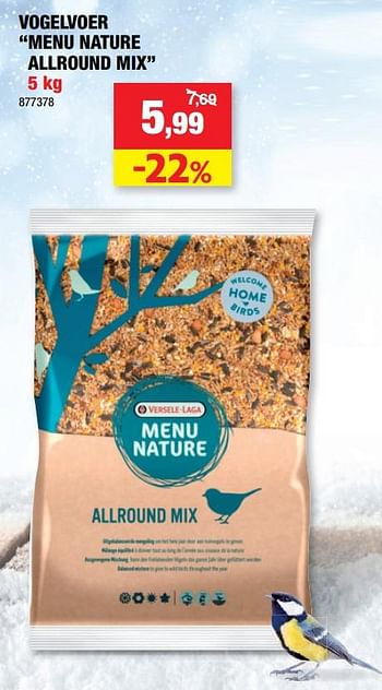 Promoties Vogelvoer menu nature allround mix - Versele-Laga - Geldig van 22/12/2021 tot 26/12/2021 bij Hubo