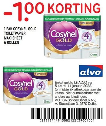 Promoties -1.00 korting 1 pak cosynel gold toiletpapier maxi sheet 6 rollen - Cosynel - Geldig van 05/01/2022 tot 11/01/2022 bij Alvo