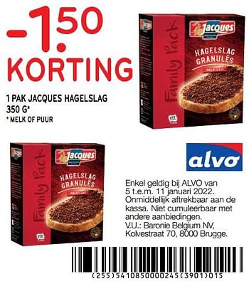 Promoties -1.50 korting 1 pak jacques hagelslag - Jacques - Geldig van 05/01/2022 tot 11/01/2022 bij Alvo