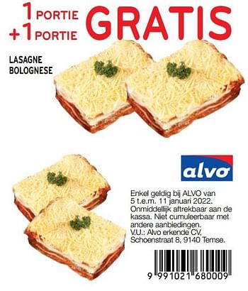 Promoties 1 portie +1portie gratis lasagne bolognese - Huismerk - Alvo - Geldig van 05/01/2022 tot 11/01/2022 bij Alvo