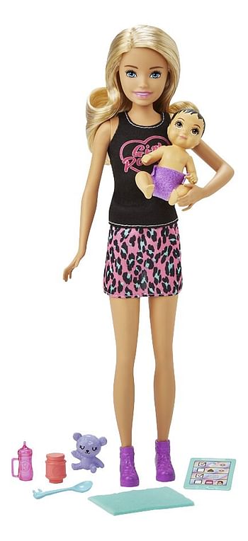Promotions Barbie mannequinpop babysitter met baby - Roze rokje - Mattel - Valide de 11/04/2021 à 25/04/2021 chez Dreamland