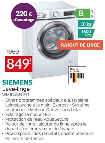 Promotions Siemens lave-linge wm16xm41fg - Siemens - Valide de 03/01/2022 à 31/01/2022 chez Selexion