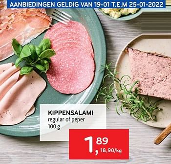 Promoties Kippensalami regular of peper - Huismerk - Alvo - Geldig van 19/01/2022 tot 25/01/2022 bij Alvo