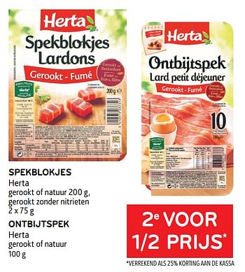 Promoties Spekblokjes herta + ontbijtspek herta 2e voor 1-2 prijs - Herta - Geldig van 12/01/2022 tot 25/01/2022 bij Alvo
