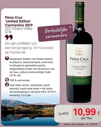 Promotions Pérez cruz limited edition carmenère 2019 d.o. maipo valley chili - Vins rouges - Valide de 04/01/2022 à 24/01/2022 chez Colruyt