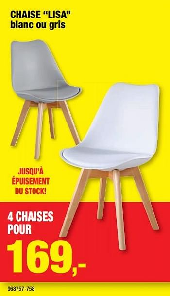 Promotions Chaise lisa blanc ou gris 4 chaises pour - Marque inconnue - Valide de 05/01/2022 à 16/01/2022 chez Hubo