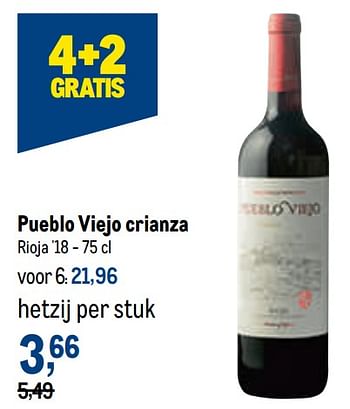 Promoties Pueblo viejo crianza rioja `18 - Rode wijnen - Geldig van 12/01/2022 tot 25/01/2022 bij Makro