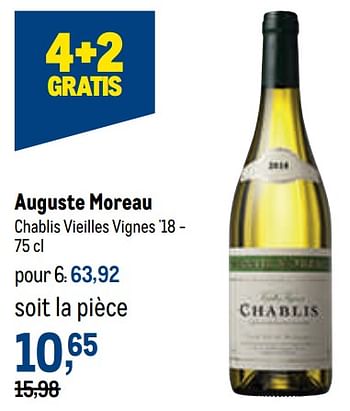 Promotions Auguste moreau chablis vieilles vignes `18 - Vins blancs - Valide de 12/01/2022 à 25/01/2022 chez Makro