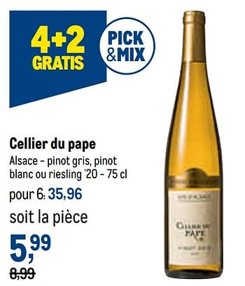 Promotions Cellier du pape alsace - pinot gris, pinot blanc ou riesling `20 - Vins blancs - Valide de 12/01/2022 à 25/01/2022 chez Makro
