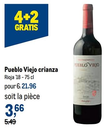 Promotions Pueblo viejo crianza rioja `18 - Vins rouges - Valide de 12/01/2022 à 25/01/2022 chez Makro