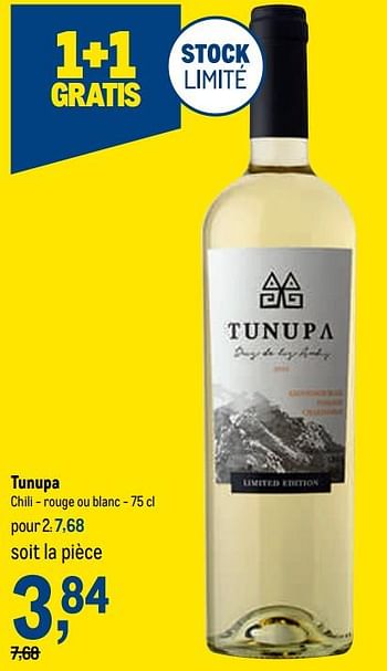 Promotions Tunupa chili - rouge ou blanc - Vins blancs - Valide de 12/01/2022 à 25/01/2022 chez Makro