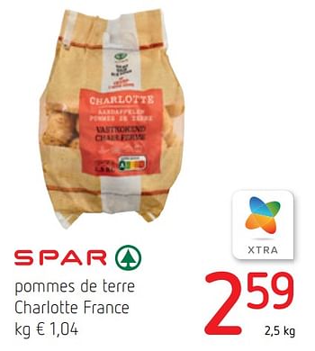 Promotions Pommes de terre charlotte france - Spar - Valide de 13/01/2022 à 26/01/2022 chez Spar (Colruytgroup)