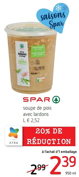 Promotions Soupe de pois avec lardons - Spar - Valide de 13/01/2022 à 26/01/2022 chez Spar (Colruytgroup)