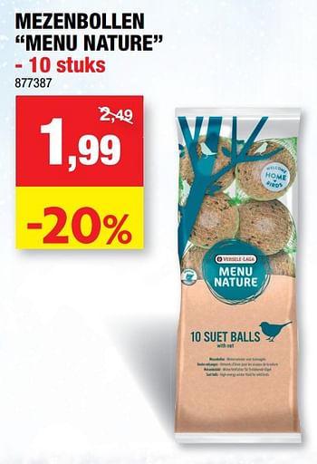 Promoties Mezenbollen menu nature - Versele-Laga - Geldig van 12/01/2022 tot 16/01/2022 bij Hubo