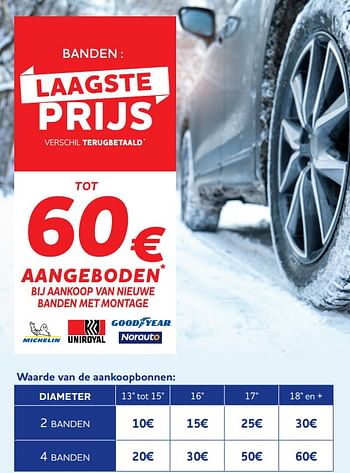 Promoties Tot 60€ aangeboden bij aankoop van nieuwe banden met montage - Huismerk - Auto 5  - Geldig van 07/01/2022 tot 08/03/2022 bij Auto 5