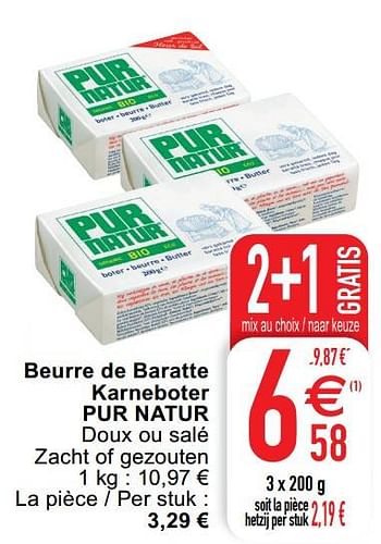 Promoties Beurre de baratte karneboter pur natur - Pur Natur - Geldig van 18/01/2022 tot 24/01/2022 bij Cora