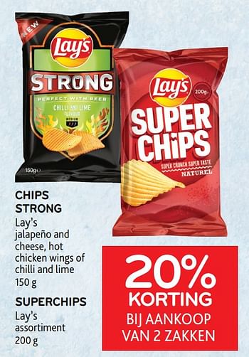 Promoties Chips strong lay’s + superchips lay’s 20% korting bij aankoop van 2 zakken - Lay's - Geldig van 26/01/2022 tot 08/02/2022 bij Alvo