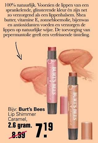 Promoties Burt’s bees lip shimmer caramel - Burt`s bees - Geldig van 12/01/2022 tot 29/01/2022 bij De Online Drogist
