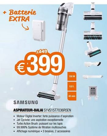 Promotions Samsung aspirateur-balai s1vs15t7036r5en - Samsung - Valide de 03/01/2022 à 31/01/2022 chez Expert