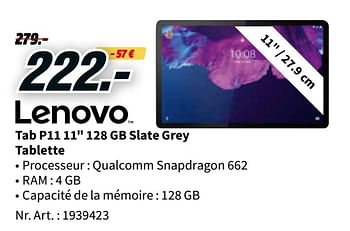 Promotions Lenovo tab p11 11`` 128 gb slate grey tablette - Lenovo - Valide de 24/01/2022 à 31/01/2022 chez Media Markt
