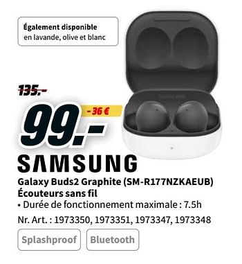 Promotions Samsung galaxy buds2 graphite sm-r177nzkaeub écouteurs sans f - Samsung - Valide de 24/01/2022 à 31/01/2022 chez Media Markt