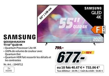 Promotions Samsung qe55q64aauxxn tv 55`` qled 4k - Samsung - Valide de 24/01/2022 à 31/01/2022 chez Media Markt