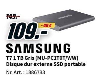 Promotions Samsung t7 1 tb gris mu-pc1t0t-ww disque dur externe ssd portable - Samsung - Valide de 24/01/2022 à 31/01/2022 chez Media Markt