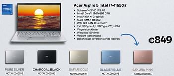 Promoties Acer aspire 5 intel i7-1165g7 pure silver - Acer - Geldig van 02/02/2022 tot 28/02/2022 bij Compudeals