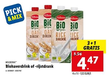 Promoties Biohaverdrink of -rijstdrank - Milbona - Geldig van 14/02/2022 tot 20/02/2022 bij Lidl