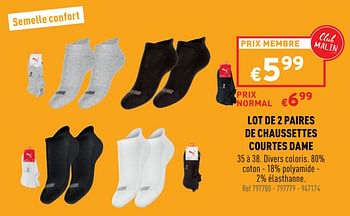 Promotions Lot de 2 paires de chaussettes courtes dame - Puma - Valide de 09/02/2022 à 13/02/2022 chez Trafic