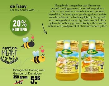 Promotions Biologische honing met gember of duindoorn - de Traay - Valide de 02/02/2022 à 19/02/2022 chez De Online Drogist