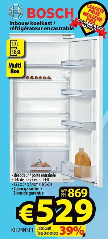 Promoties Bosch inbouw koelkast - réfrigérateur encastrable kil24nsf1 - Bosch - Geldig van 02/03/2022 tot 09/03/2022 bij ElectroStock