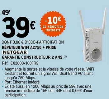Promotions Netgear répéteur wifi ac750 + prise ex3800-100frs - Netgear - Valide de 01/03/2022 à 12/03/2022 chez E.Leclerc