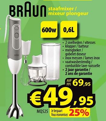 Promoties Braun staafmixer - mixeur plongeur mq525 - Braun - Geldig van 09/03/2022 tot 16/03/2022 bij ElectroStock