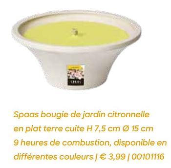 Promotions Spaas bougie de jardin citronnelle en plat terre cuite - Spaas - Valide de 04/03/2022 à 31/07/2022 chez Ava