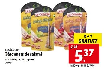 Promotions Bâtonnets de salami - Le Césarin - Valide de 21/03/2022 à 26/03/2022 chez Lidl