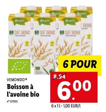 Promotions Boisson à l’avoine bio - Vemondo - Valide de 21/03/2022 à 26/03/2022 chez Lidl