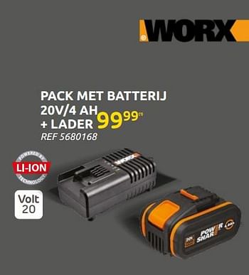 Promoties Worx pack met batterij 20v-4 ah + lader - Worx - Geldig van 16/03/2022 tot 28/03/2022 bij Brico