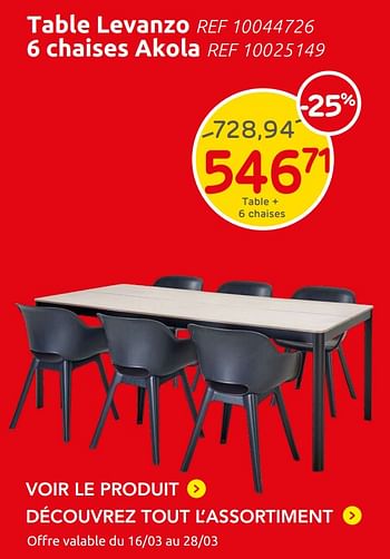 Promotions Table levanzo + 6 chaises Akola - Produit maison - Brico - Valide de 16/03/2022 à 30/06/2022 chez Brico