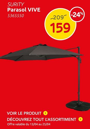 Promotions Surity parasol vive - Produit maison - Brico - Valide de 16/03/2022 à 30/06/2022 chez Brico