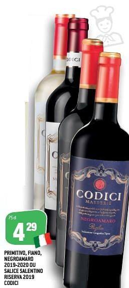 Promotions Primitivo, fiano, negroamaro 2019-2020 ou salice salentino riserva 2019 codici - Vins rouges - Valide de 30/03/2022 à 05/04/2022 chez Match