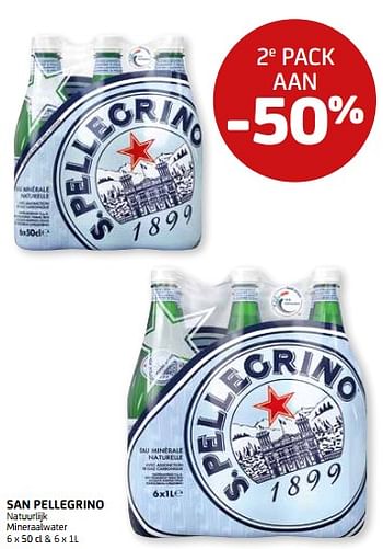 Promoties 2e pack aan -50% san pellegrino natuurlijk mineraalwater - San Pellegrino - Geldig van 01/04/2022 tot 14/04/2022 bij BelBev