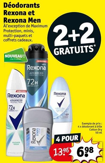 Promotions Déodorant à bille cotton dry - Rexona - Valide de 05/04/2022 à 10/04/2022 chez Kruidvat