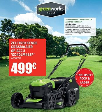 Promoties Greenworks zelftrekkende grasmaaier op accu gd40lm46sp - Greenworks - Geldig van 04/04/2022 tot 08/05/2022 bij Europoint