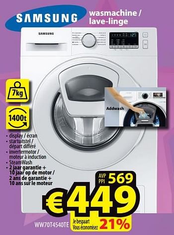 Promoties Samsung wasmachine - lave-linge ww70t4540te - Samsung - Geldig van 20/04/2022 tot 27/04/2022 bij ElectroStock