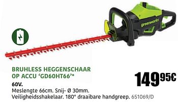 Promoties Greenworks bruhless heggenschaar op accu gd60ht66 - Greenworks - Geldig van 04/04/2022 tot 08/05/2022 bij HandyHome