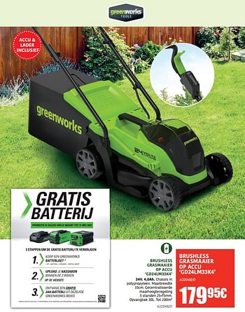 Promoties Greenworks brushless grasmaaier op accu gd24lm33k4 - Greenworks - Geldig van 04/04/2022 tot 08/05/2022 bij HandyHome