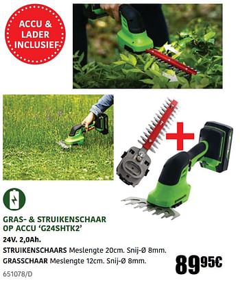 Promoties Greenworks gras- + struikenschaar op accu g24shtk2 - Greenworks - Geldig van 04/04/2022 tot 08/05/2022 bij HandyHome