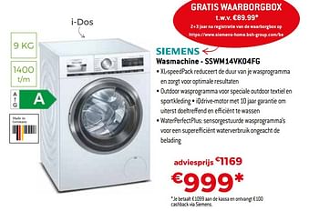 Promotions Siemens wasmachine - sswm14vk04fg - Siemens - Valide de 25/04/2022 à 31/05/2022 chez Exellent